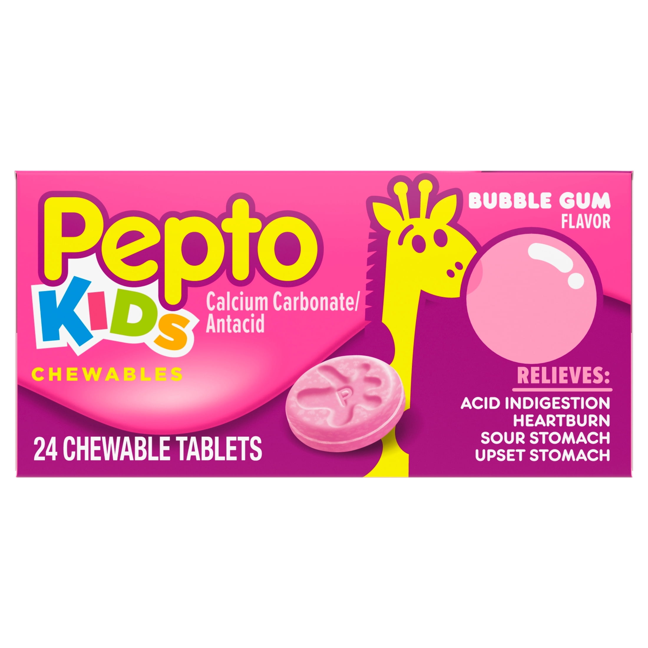 Pepto Kids Antacid Chewable Tablets, Upset Stomach Relief, Heartburn, 24 Count