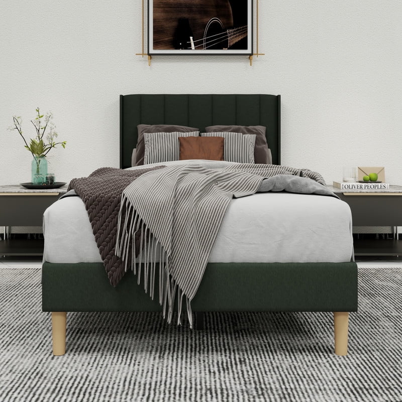 Pillfn Upholstered Platform Twin Size Bed Frame with Headboard Wooden Slats Support,Black