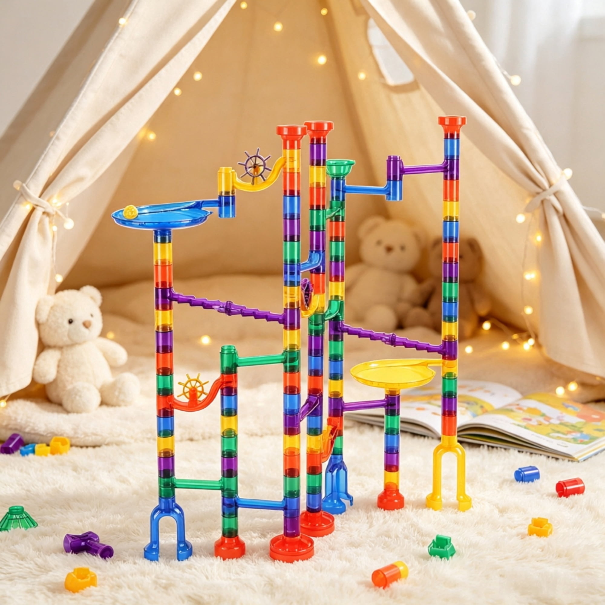 145-Piece Marble Maze Building Block Brain Game, Educational Race Track with 40 Glass & 5 Glow-in-the-Dark Marbles