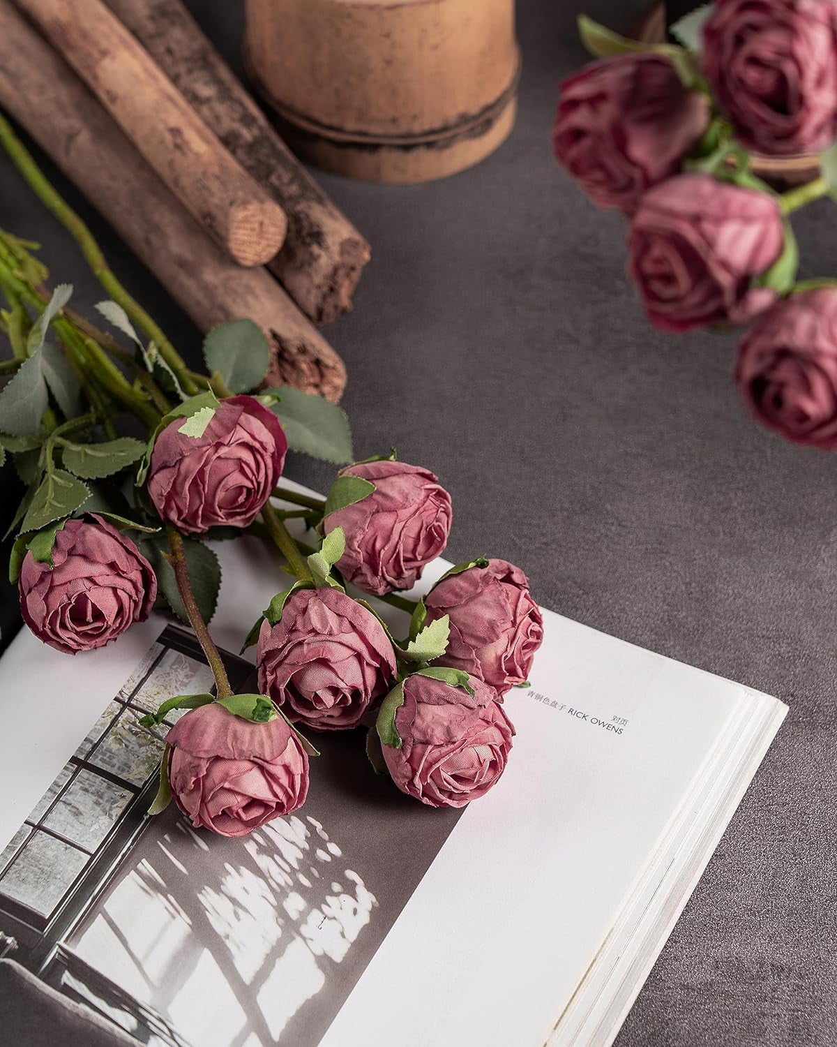 24pcs Artificial Vintage Roses Fake Silk Rose Flowers with Long Stem for DIY Bouquets Wedding Centerpiece Party Home Kitchen Decoration(Cream Pink)