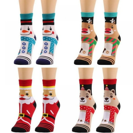 

4 Pairs Fashion Christmas Socks- Christmas Socks Bear Elk Snowman Santa Socks Cartoon Socks Athletic Indoor Socks for Women