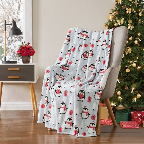 Serafina Home Christmas Holiday Throw Blanket: Soft Cute Winter Penguins with Presents Snuggle Accent for Couch, Chair or Bed