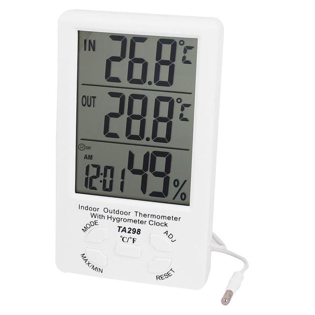 Termómetro digital LCD de plástico blanco para interiores y exteriores con higrómetro y reloj
