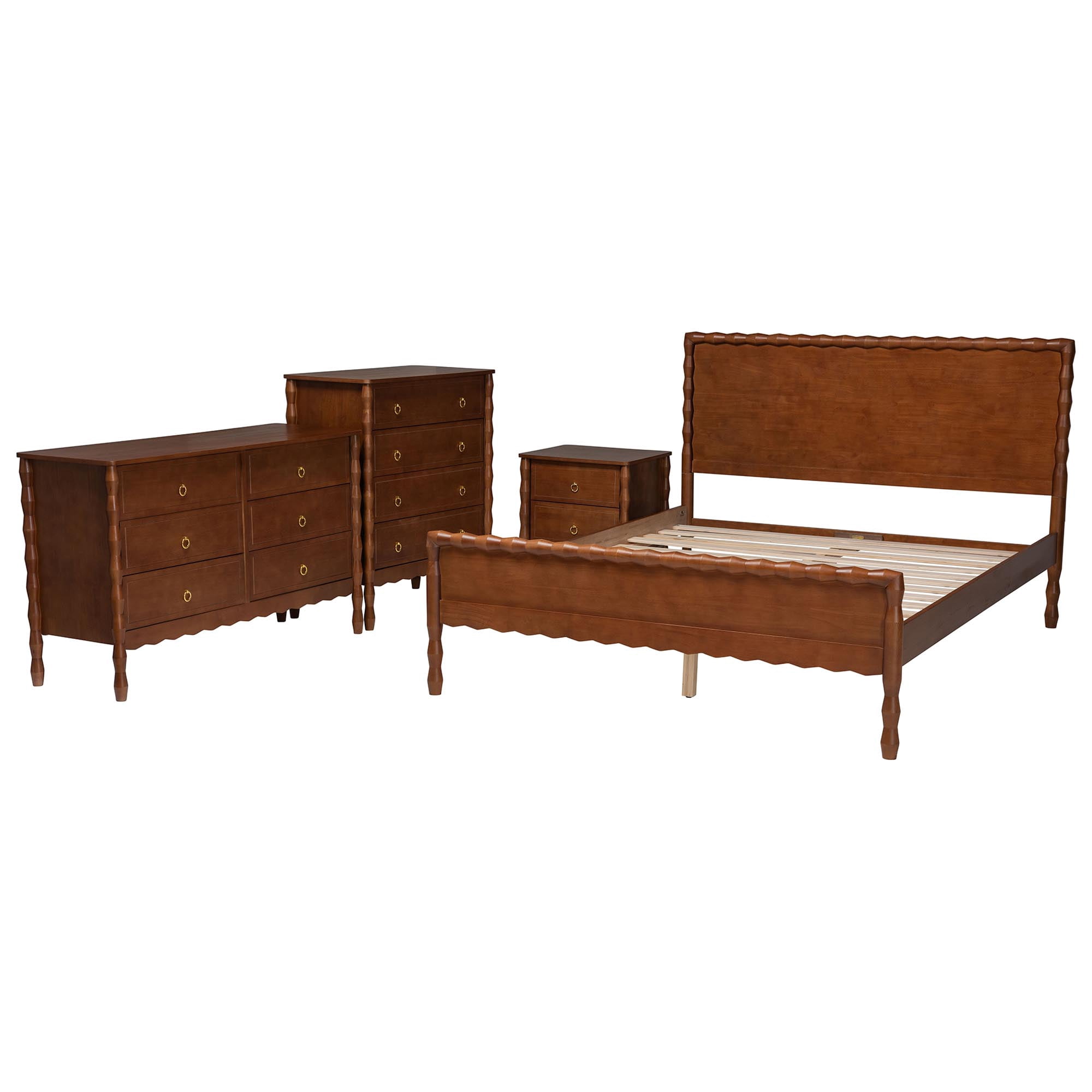 Baxton Studio Seamus Mid-Century Modern Bedroom Set, 4-Piece Set, Queen, Walnut Brown
