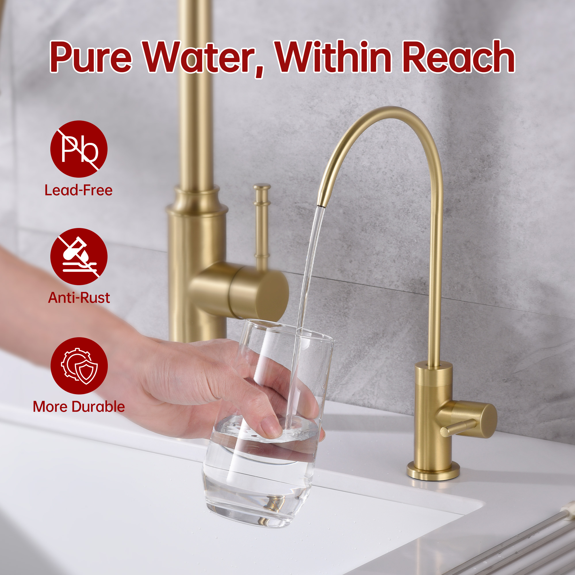 SUMERAIN Drinking Water RO Faucet for Kitchen Sink, 100% Lead-Free Stainless Steel Brushed Gold Purified Filter Faucet