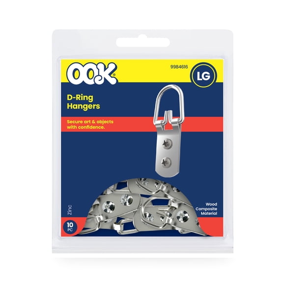 Ook D-Ring Picture Hanger, Frame Hanger, Large, Steel, Zinc Finish, Silver, 10 pack