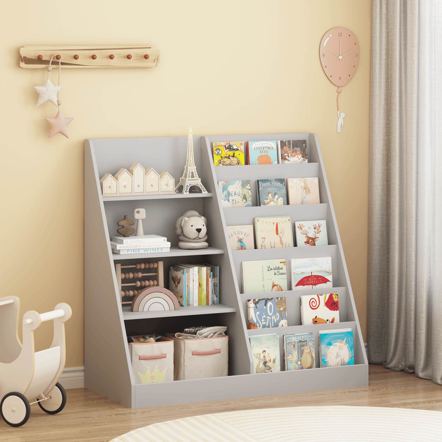 4 Tier Wooden Kids Bookshelf, Multifunctional MDF Bookcase Toy Storage Organizer, Display Stand for Toddlers Children, Suitable for Kids Room Playroom Nursery