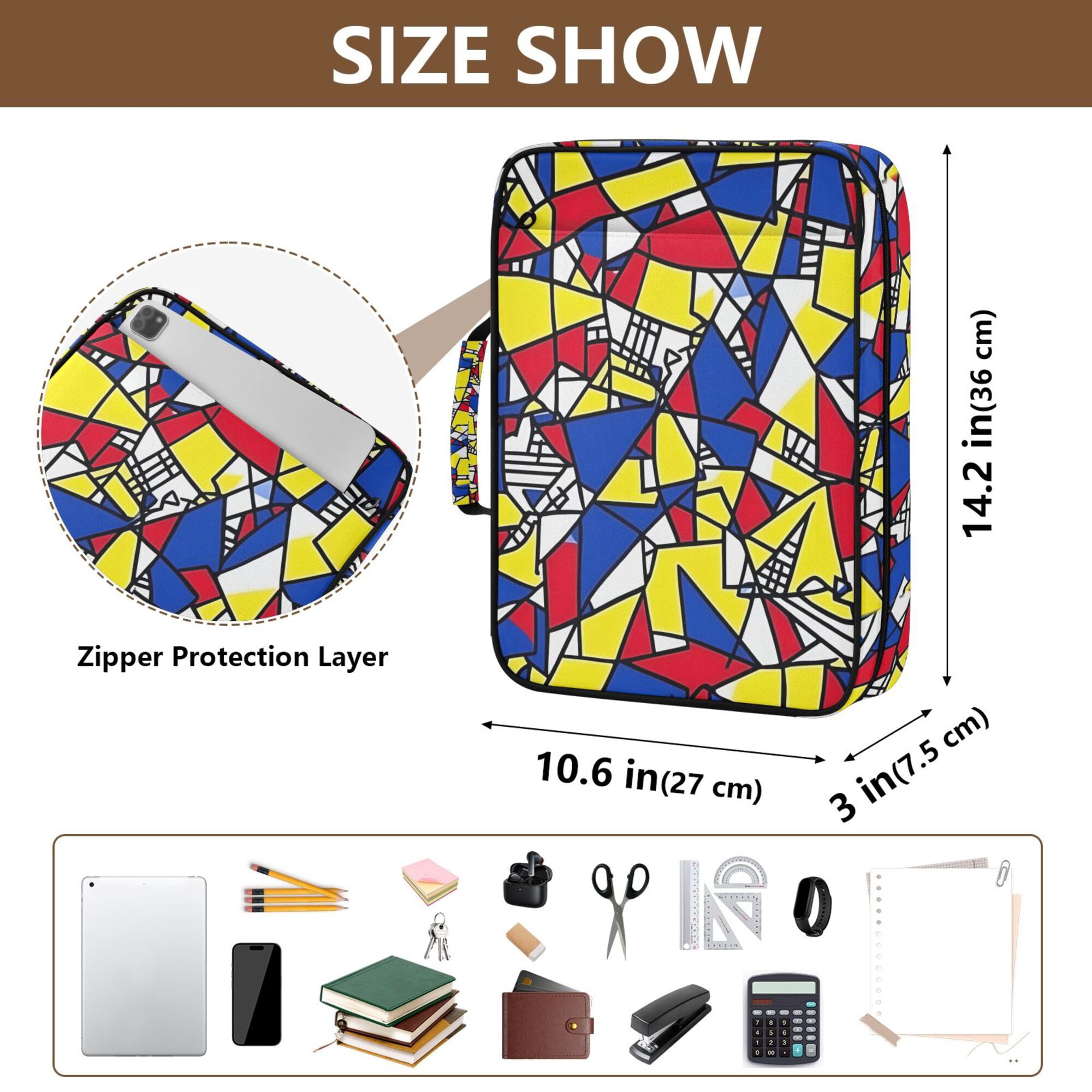 FORMRS Accordion File Folder A4 Size 7-Pocket Expanding Document Organizer Bag with 3 Ring Binder, Art Triangles