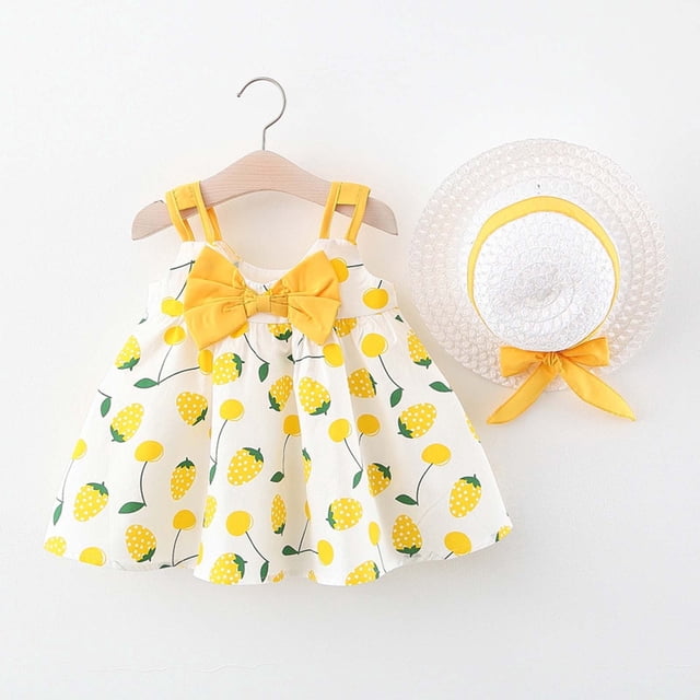 Vestido de verano con tirantes y estampado de lazo para niña pequeña, con sombrero, de Herrnalise, con descuento