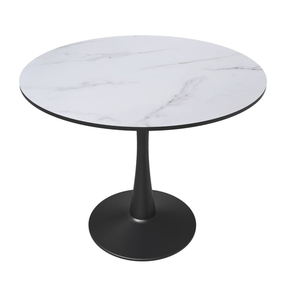 LeisureMod Bristol 35 Inch Mid Century Modern Round Dining Table, Wood Top & Glossy Iron Pedestal Base for Kitchen & Dining Room Black/Marbled White