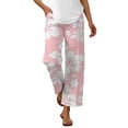 thumbnail image 4 of Boho Beach Pants for Women Casual Floral Print Elastic Waist Wide Straight Leg Loose Linen Cropped Pants with Pockets, 4 of 7