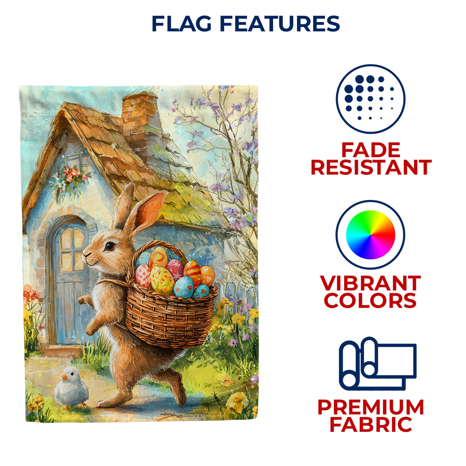 America Forever Easter Bunny Cottage House Flag, 28 x 40 inch Double Sided, Rabbit Basket Chick, Spring Storybook Fairytale, Traditional Flag