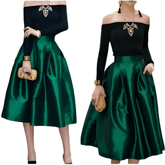 Women Emerald Green Knee-Length Pleated Skirt with One Pocket Handmade for Timeless Elegance