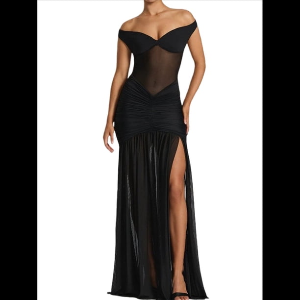 Vestido de Dama de con Escote en V, Plisado, de , 2025, con Hombros Descubiertos, Fluido, Formal, de Noche, para Invitada de Boda con Abertura Negro L