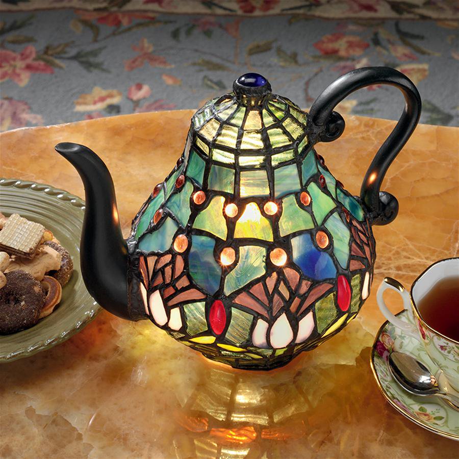 Design Toscano Victorian Teapot TiffanyStyle Stained Glass Illuminated