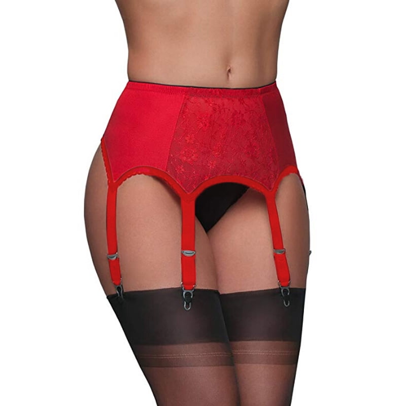 Women's 6 Straps Lace Suspender Garter Belts for Stockings Red L