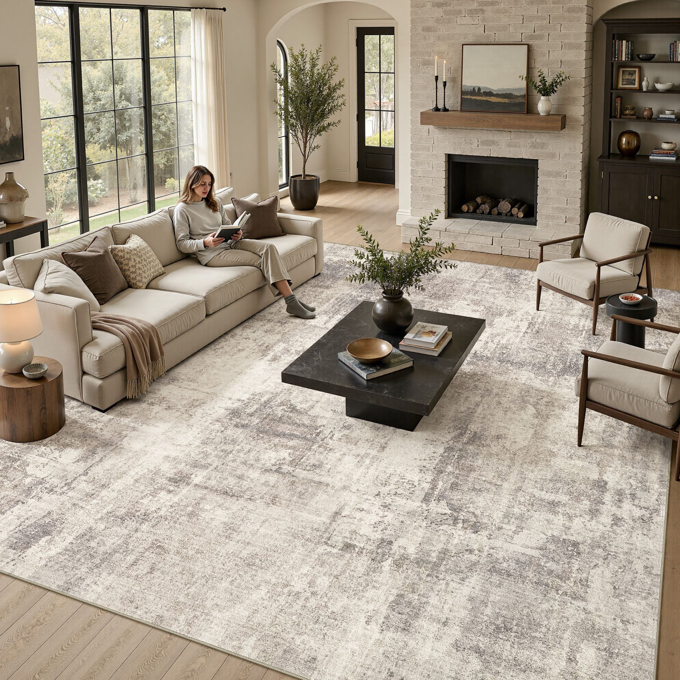 MICGEEK 9'x12' Abstract Area Rugs for Living Room, Stain Resistant Washable Rugs with Non-Slip Backing, Modern Carpet for Bedroom Dining Room Office Throw Rugs, Brown