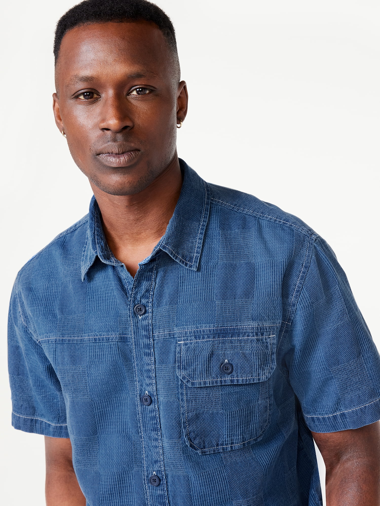 Free Assembly Men's Patchwork Utility Shirt with Short Sleeves