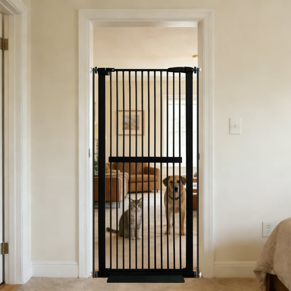 Lumizone Extra Tall Pet Gate 61.02" High Pressure Mounted 30.12"-34.05" Extra Wide 1.37" Gap for Cat Dog Children Stairs Doorway Hallway No Drilling Auto-Close (30.12"-34.05", Black)