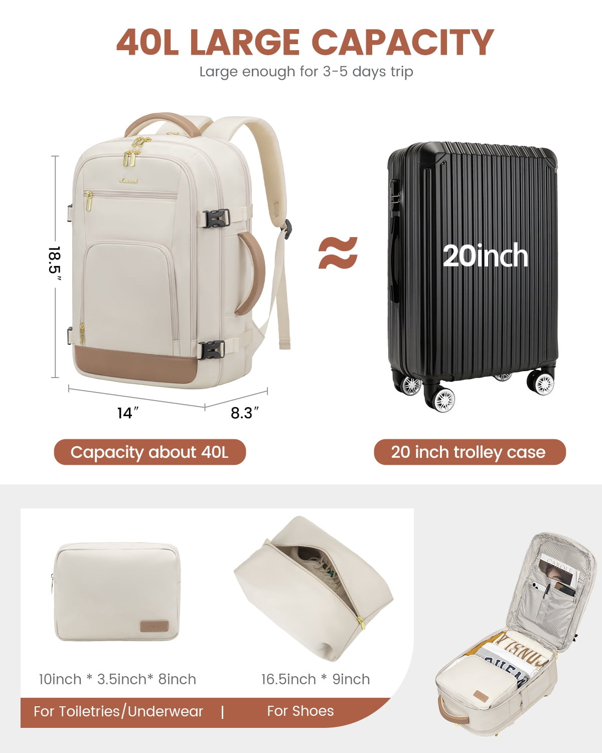 Lovevook Travel Backpack, 40L Carry-on Luggage Backpack Airplane Approved Size, Person Item Bag Business Weekender Overnight Bag with 3 Cubes