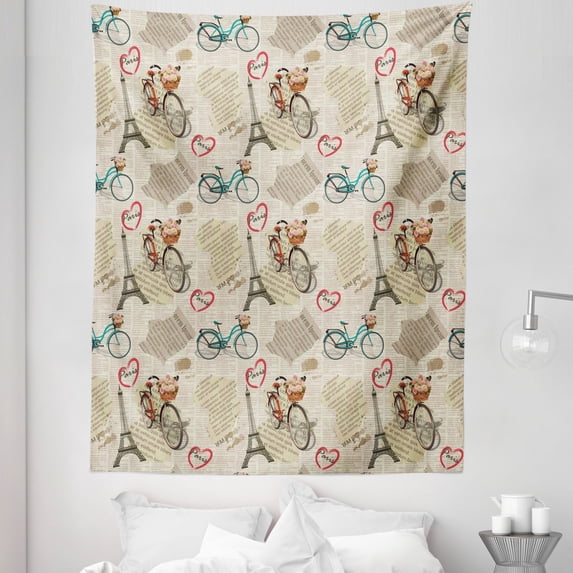 White Tapestry, Newspaper Vintage Retro with Paris Lettering in Hearts Art Print, Fabric Wall Hanging Decor for Bedroom Living Room Dorm, 5 Sizes, White Black, by Ambesonne