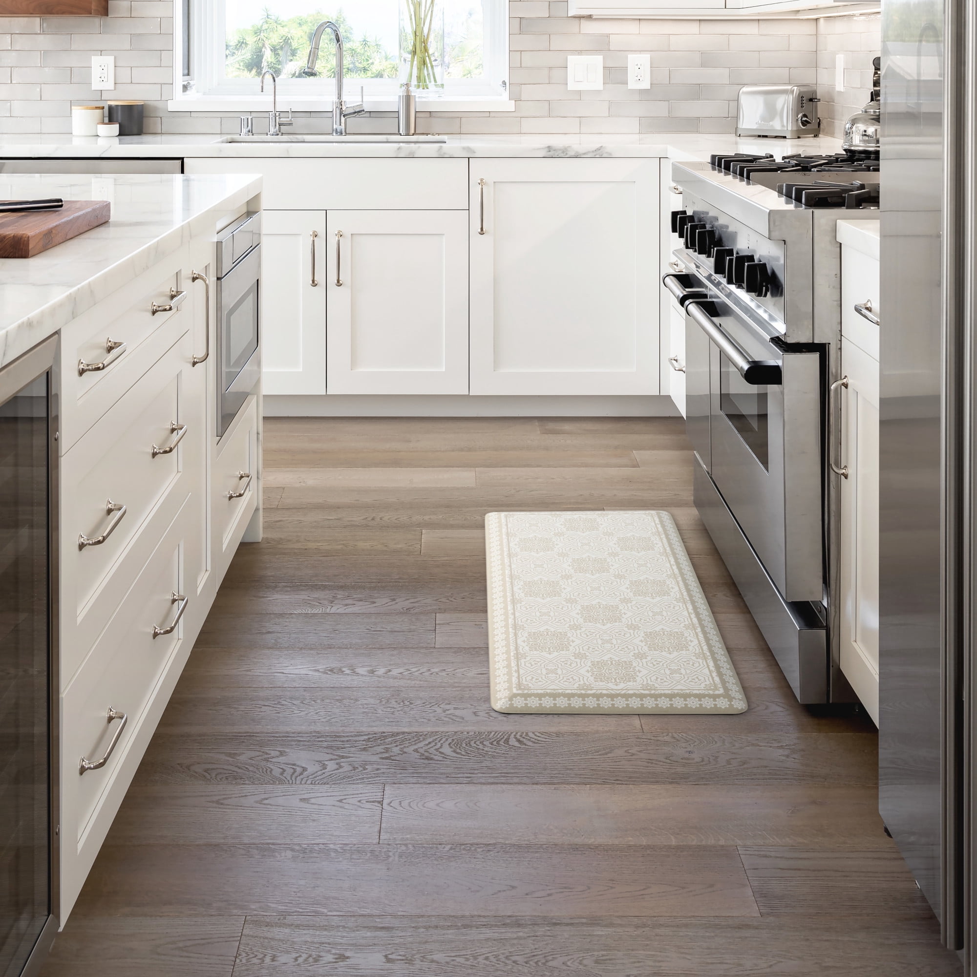 MARTHA STEWART Comfort Anti Fatigue Strie Medallion Tile Kitchen Mat, Comfort Standing Mat, Non-Slip Backing, Safe Beveled Edge, Beige, 19.6"x39"
