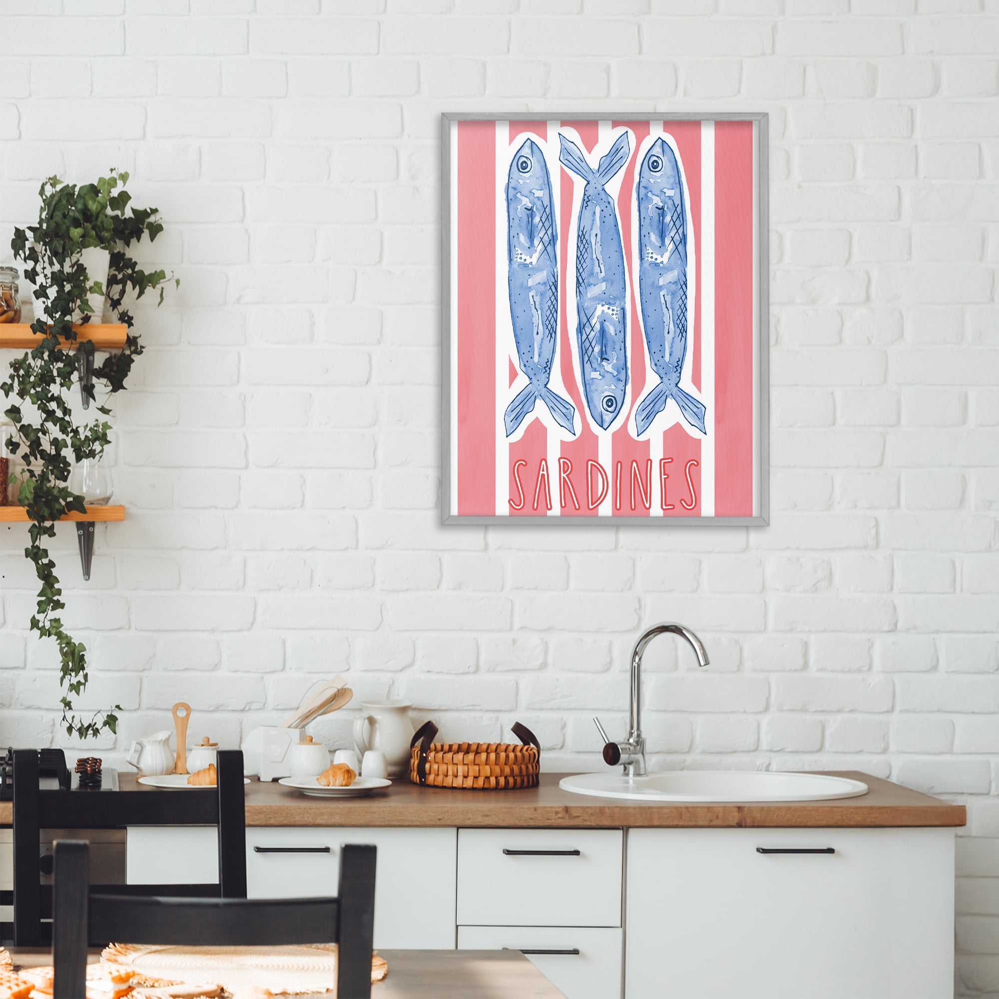 Stupell Industries Americana Sardines on Pink Stripes Gray Framed Giclee Art, design by Nola James