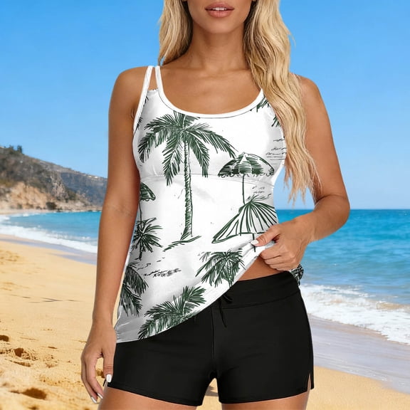 Jsaierl 2 Piece Tankini Swimsuits for Women Tummy Control Casual Boho Print Push Up Swimwear Athletic Modest Beachwear with Pants Tankini Bathing Suits S-2XL