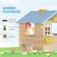 thumbnail image 4 of Outsunny Wooden Playhouse for Kids, Adventures Cottage, with Working Door, Windows, Bench, Service Station, Flowers Pot Holder, for 3-7 Years Old Blue, 4 of 9