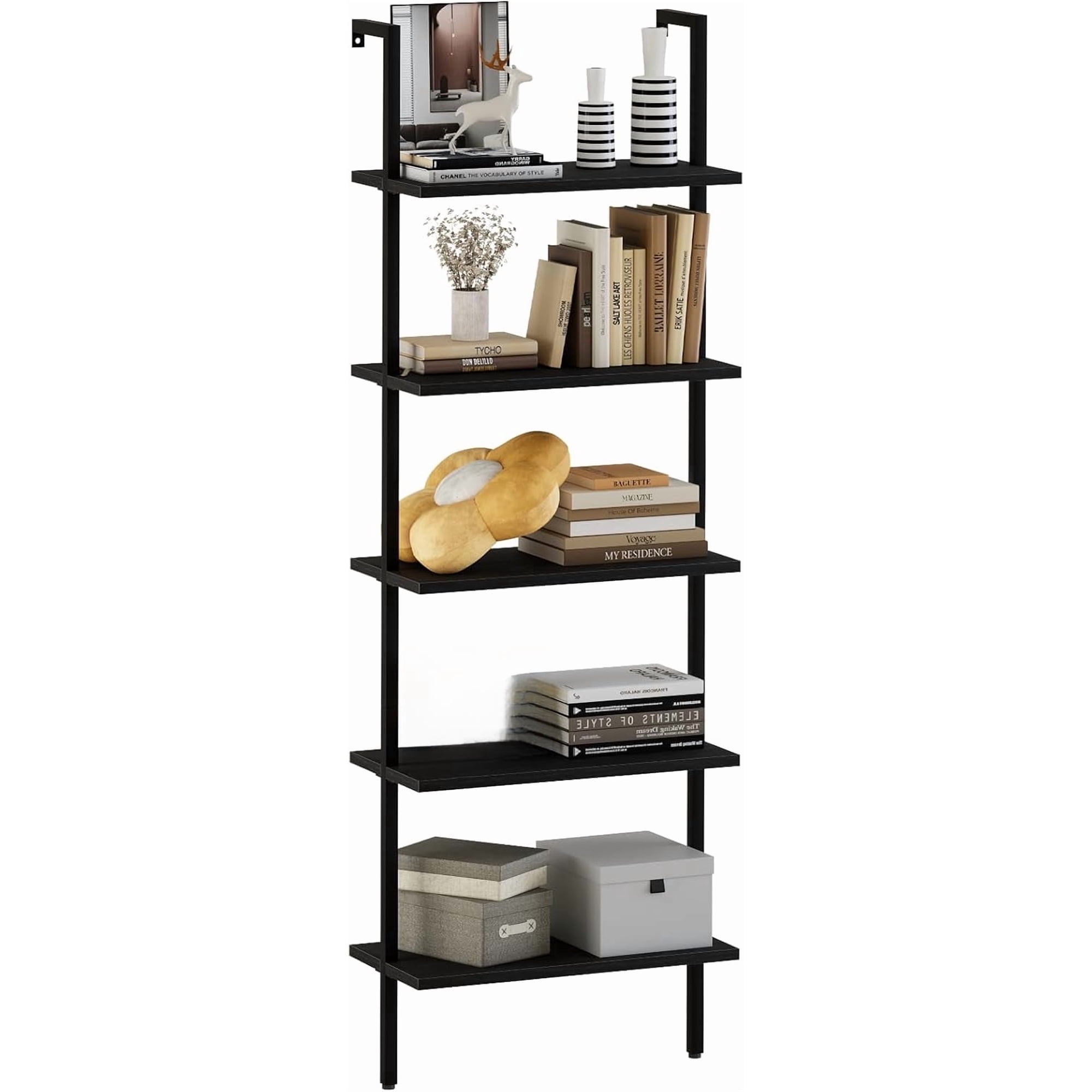 Ladder Shelf White Wooden Bookshelf 5-Tier Wall-Mounted Open Wood Rack Industrial Modern Plant Flower Stand Utility Organizer Bookcase Metal Frame Furniture Office Kitchen Bedroom
