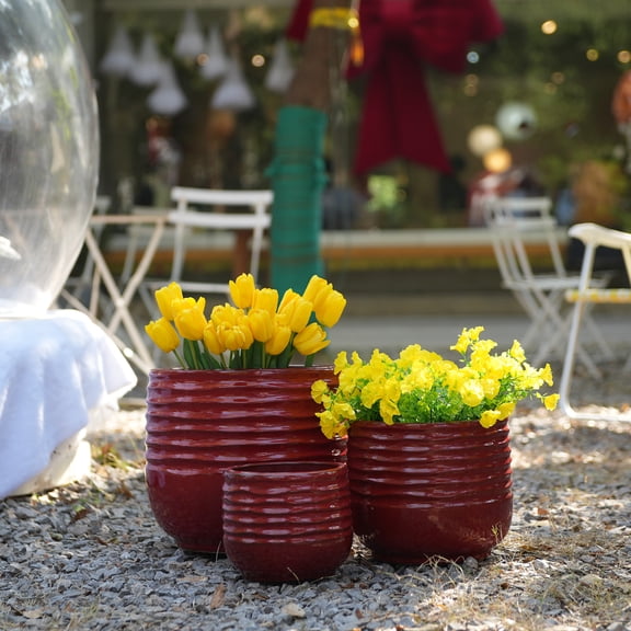 Glazed Ceramic Planter Set of 3 15 11 8 Inch with Horizontal Grooves for Succulents and Flowering Plants Deep Red