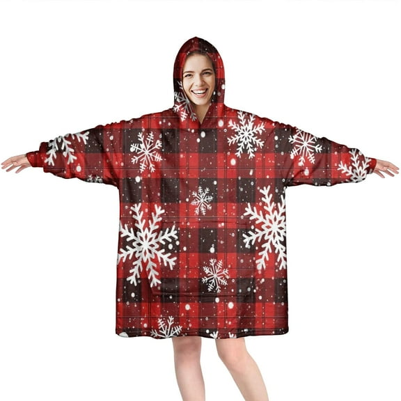 Wearable Oversized Blanket,Red and Black Christmas Snowflake Pattern Wearable Blanket Hoodie for Adults,Cozy Hooded Blankets with Super Pockets,Super Warm Fuzzy Pullover for Women & Men