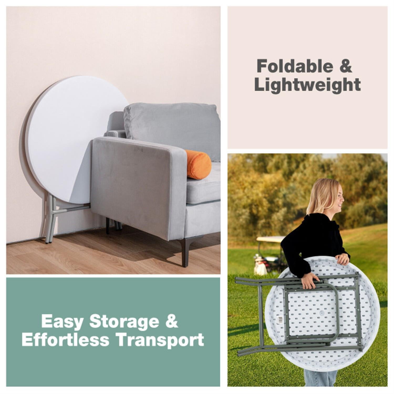 Demi Bonn 32" Round Foldable Lightweight Table with Double Lockable Doors fordoor Outdoor, Portable Fold-in-Half Plastic Dining Picnic Party Camping Table, White