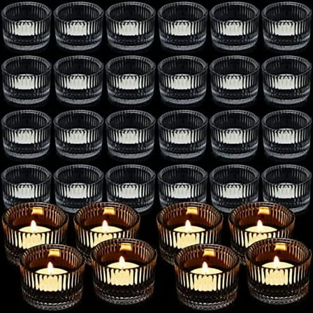 36 Pcs Clear Votive Candle Holders Small Glass Tealight Candle Holder Round Ribbed Candle Holders for Table Home, 2.1 x 2 x 1.3 Inch