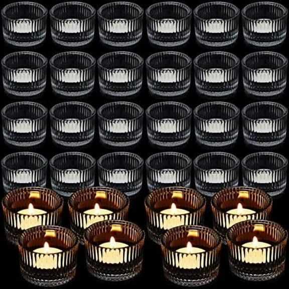 36 Pcs Clear Votive Candle Holders Small Glass Tealight Candle Holder Round Ribbed Candle Holders for Table Home, 2.1 x 2 x 1.3 Inch