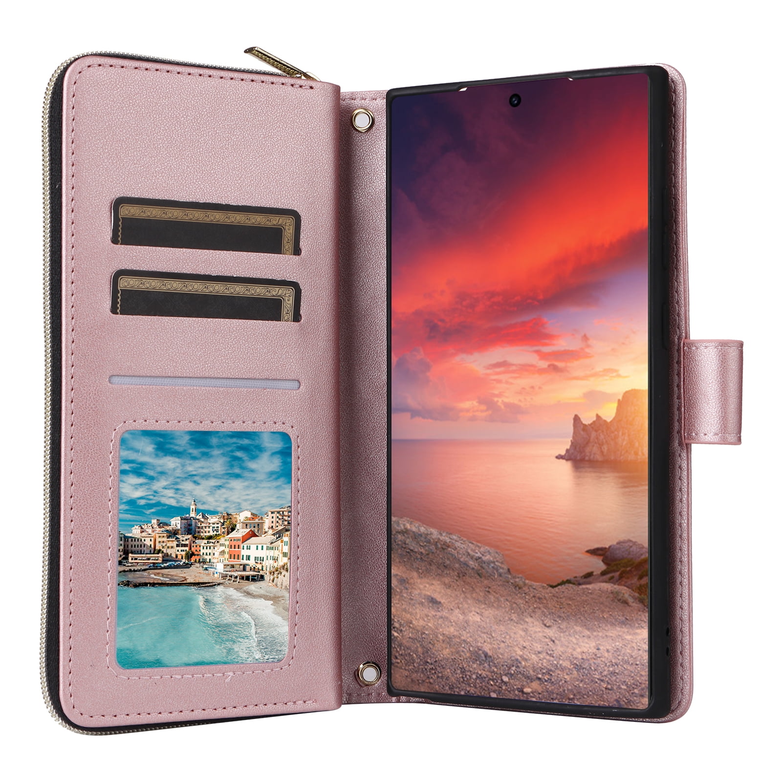 for Samsung Galaxy S24 Ultra Wallet Case, Multi-Functional Zipper Purse Case, with Flip Stand Card Holder PU Leather Phone Cover with Lanyard & Wrist Strap for Samsung Galaxy S24 Ultra, Rosegold