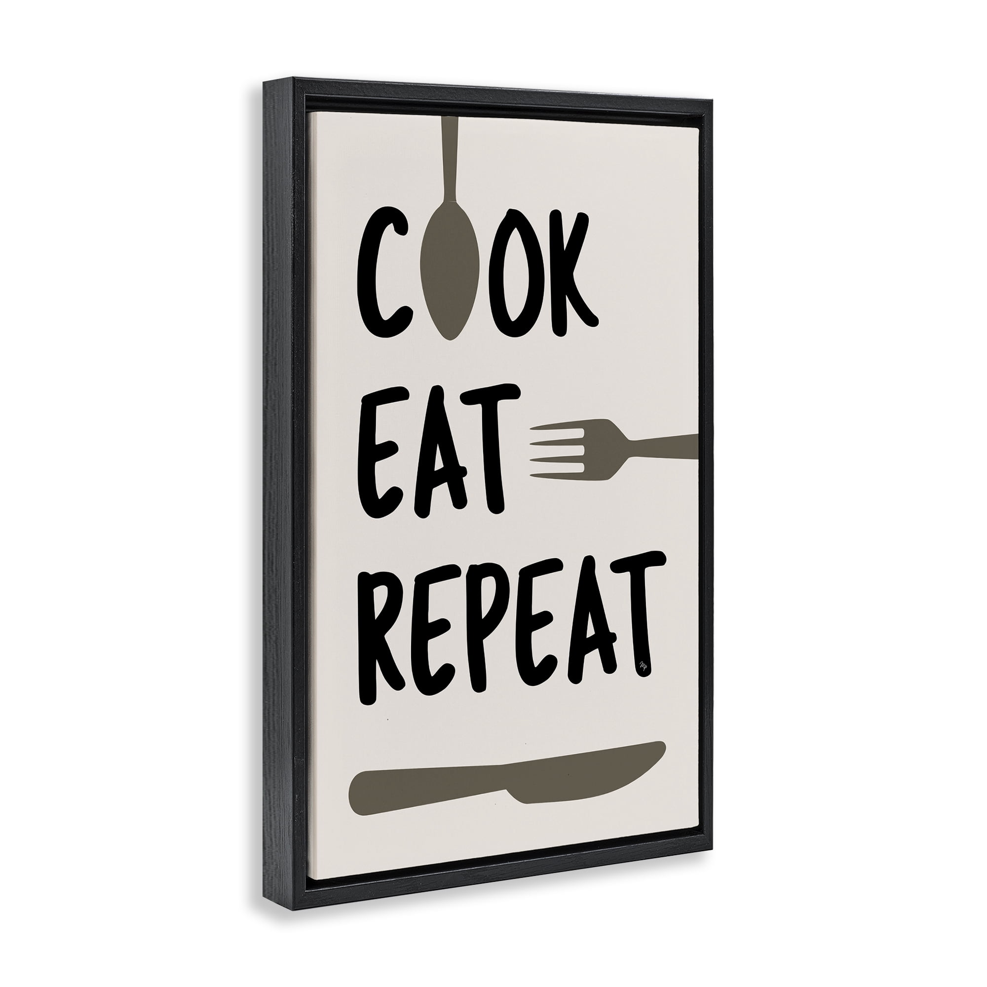 Stupell Industries Cook Eat Repeat with Utensils Black Framed Floater Canvas Wall Art, design by Martina Pavlova