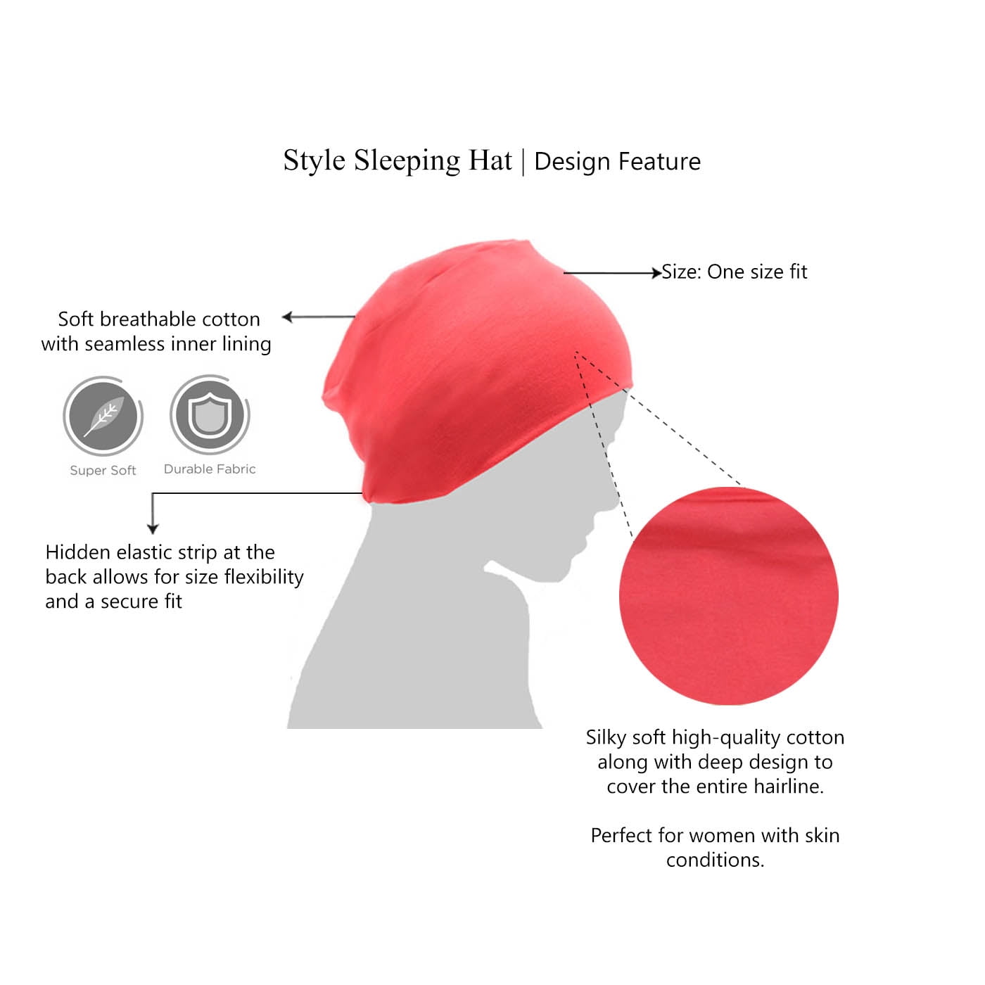 MASUMI Chemo Sleep Hat for Women, Soft Cotton Hats for Ladies, Chemo Headwear Turbans Cap Beanie Cancer Head Coverings with Double Layer (Coral)
