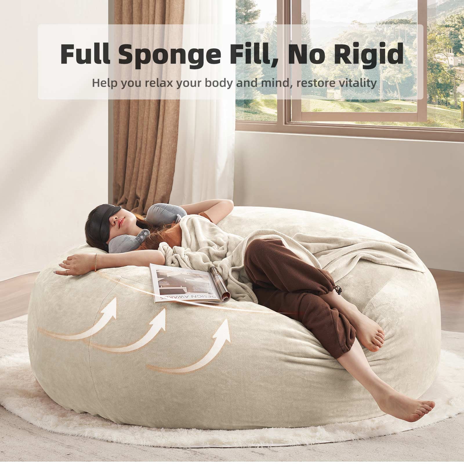 6FT Large Bean Bag Chair, Memory Foam Sofa with Washable Suede Cover, Reinforced Zipper for Adults Kids Living Room Bedroom