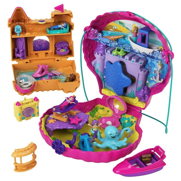 Coffret Sirène scintillante et stylée Polly Pocket avec 4 micro-poupées, sacoche Coquillage magique, coffret Aventure à la plage, 4 accessoires à porter minuscules, 2 colliers cordons, bateau, sous-m