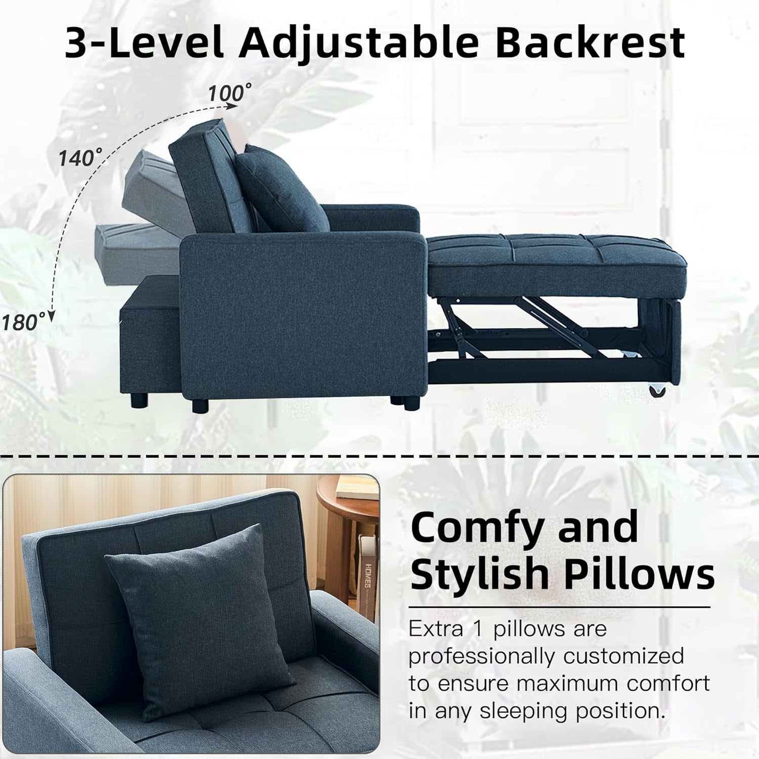 Gewnee 3-IN-1 Folding Sofa Bed Chair,Converts to Guest Bed & Office Chair,Adjustable Backrest,Wheels & Handle,Space-Saving for Apartment,Small Room,Office.Navy Blue