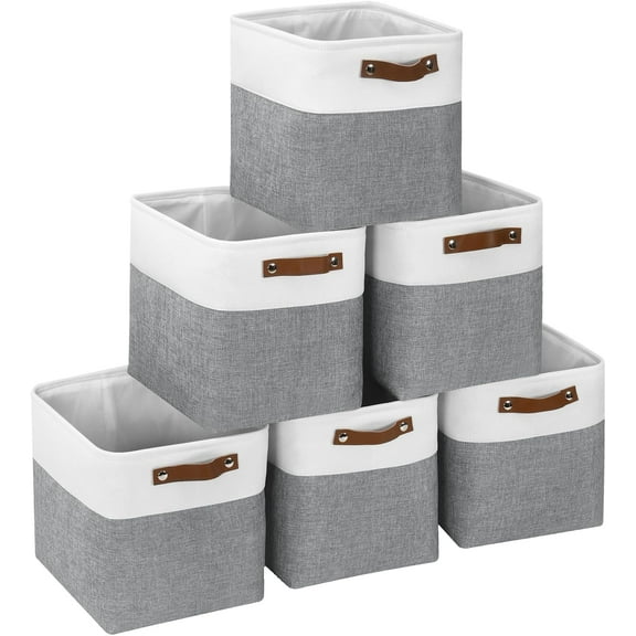 Cube Storage Baskets 6 Pack, 11x11 inch Foldable Cube Storage Bins with Leather Handles for Shelf Closet Nursery Toys (White/ Gray)