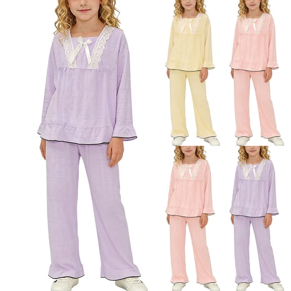 FRSASU Girls Summer 2 Piece Outfits Long Sleeve Loose Lace Blouse and Long Pants Matching Sets for 3-15 Years Purple