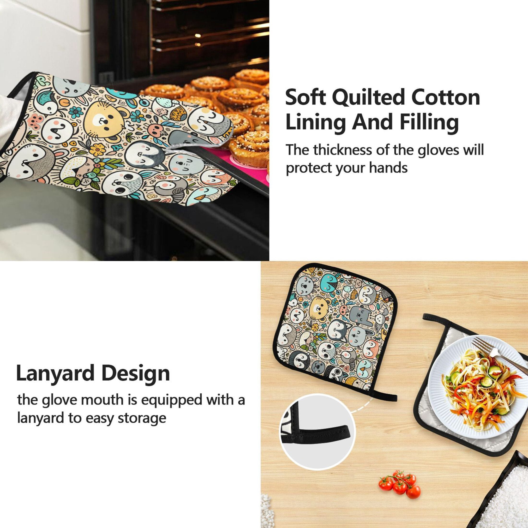 Cute Animal Faces 5 Pcs Kitchen Set Heat Resistant Oven Mitts and Non-Slip Pot Holders with Adjustable Cooking Apron