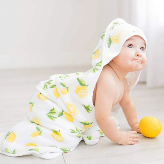 Kloud Bambu Baby Hooded Towel, Double Layers, Buttery Soft Ultra Absorbent Large Fits up to Toddler 3, Lemon Print