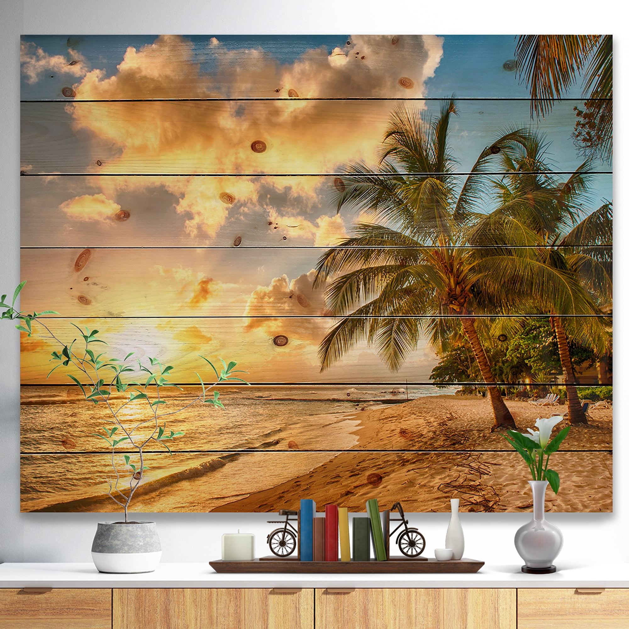 Designart 'Gorgeous Beach of Island Barbados ' Sea & Shore Print on Natural Pine Wood