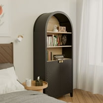 S-HOME Black 5-Tier Bookshelf With Door, 61" Tall Arched Cabinet For Stylish Home Storage And Display