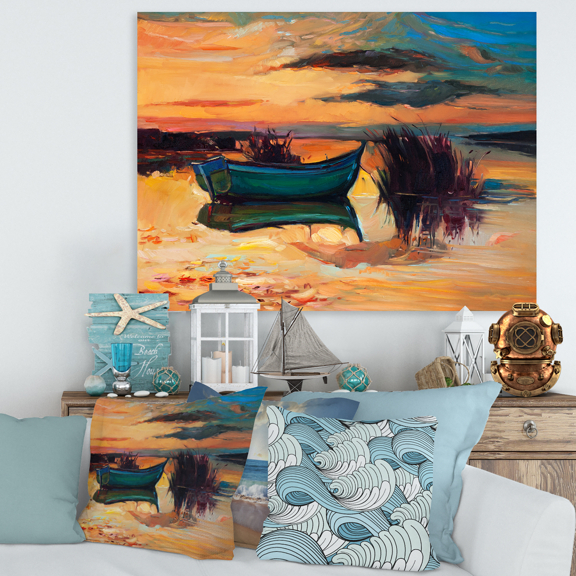 Boat At The Lake During Evening Glow I 32 in x 16 in Painting Canvas Art Print, by Designart