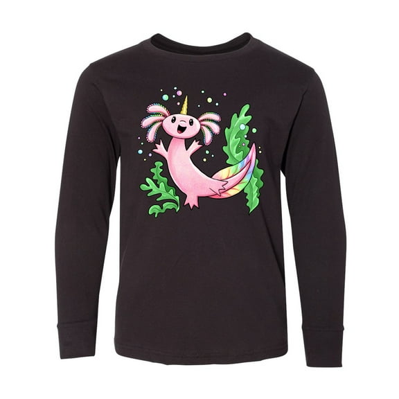 Inktastic Axolotl Unicorn with Rainbow Tail, Bubbles and Seaweed. Long Sleeve Youth T-Shirt