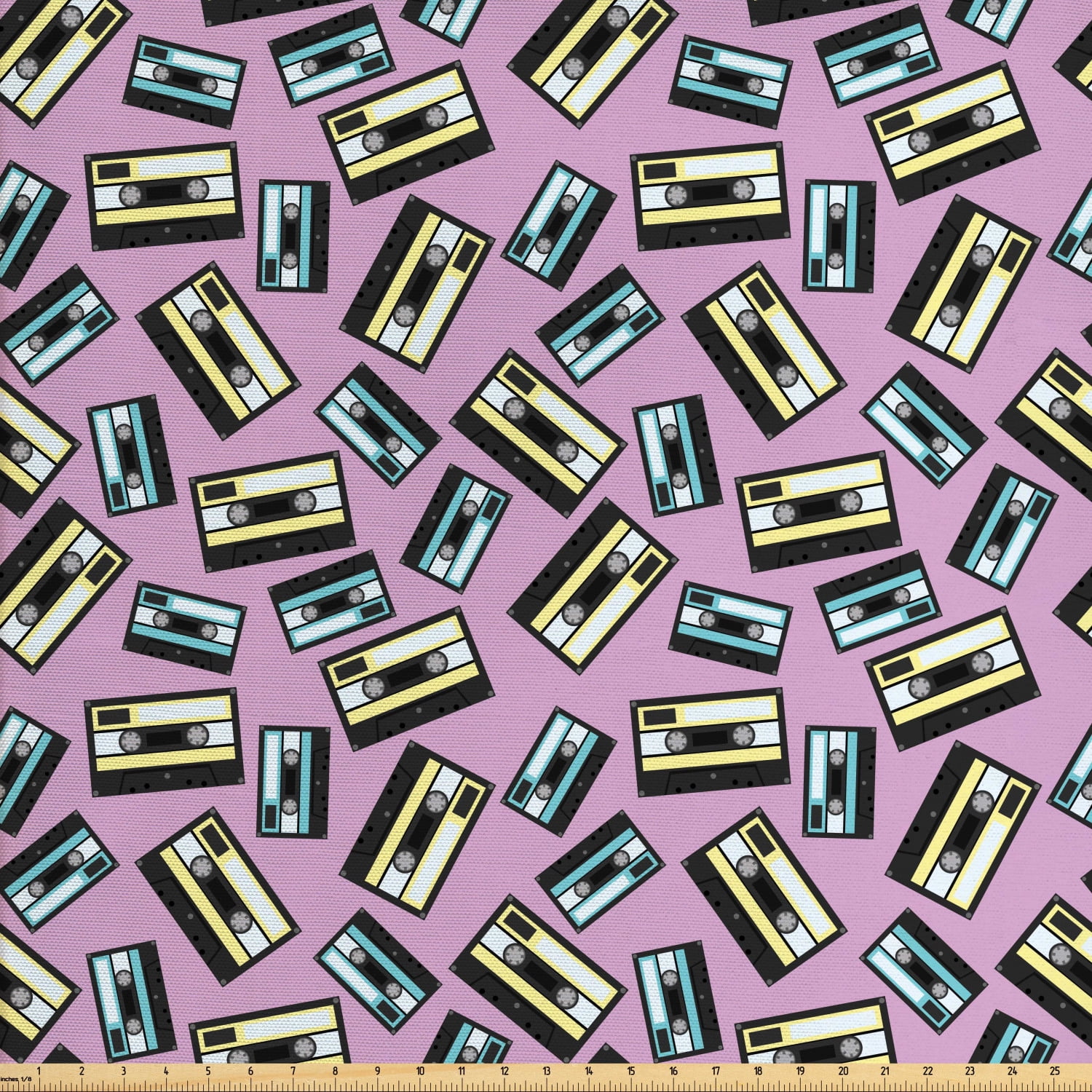 Retro Fabric by The Yard, Aqua and Pale Yellow Audio Cassettes